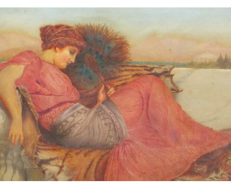 B HANCOCK (19th/20th C. ENGLISH SCHOOL) PORTRAIT OF A CLASSICAL MAIDEN ON A SEASIDE TERRACE , SIGNED AND DATED 1910.  OIL ON 