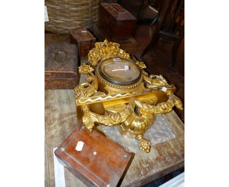 A GILT WOOD FLORAL CLOCK CASE, A ROSEWOOD SARCOPHAGUS TEA CADDY AND FOUR VARIOUS BOXES