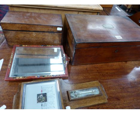 EBONY LINED MAHOGANY WRITING SLOPE AND TEA CADDY TOGETHER WITH A RED CHINOISERIE FRAMED RECTANGULAR MIRROR AND AN ANEROID BAR