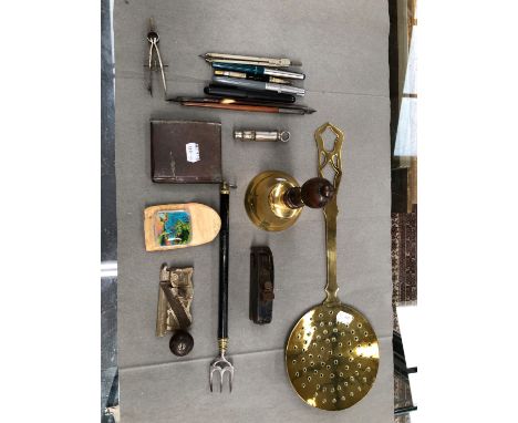 2 SMALL WOODPLANES A 1943 WHISTLE, A HAND BELL, TOASTING FORK, SKIMMER ETC.