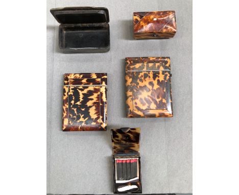 TWO 19th C. TORTOISESHELL CARD CASES, A SMALL TRINKET BOX, A MATCH BOOK HOLDER AND A HORN SNUFF BOX. 