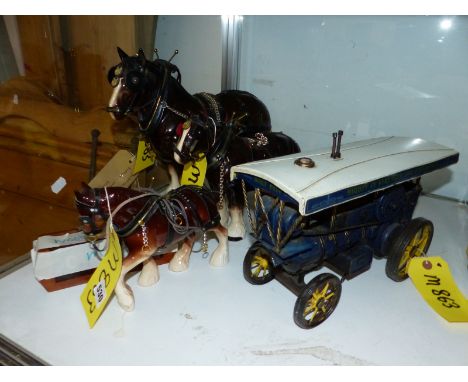 THREE SHIRE HORSE FIGURES AND A MODEL STEAM TRACTION ENGINE. 