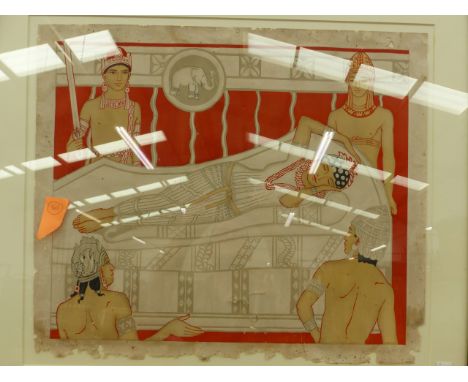 A VINTAGE COLOUR PRINT OF ANCIENT MAYAN FIGURES 43 x 50cm