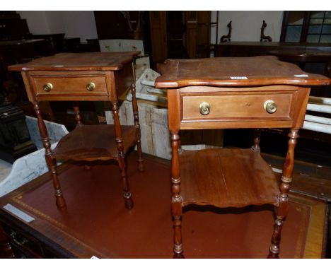 A PAIR OF YEW WOOD BEDSIDE TABLES, EACH WITH SHAPED SQUARE TOP OVER A DRAWER AND AN OPEN SHELF