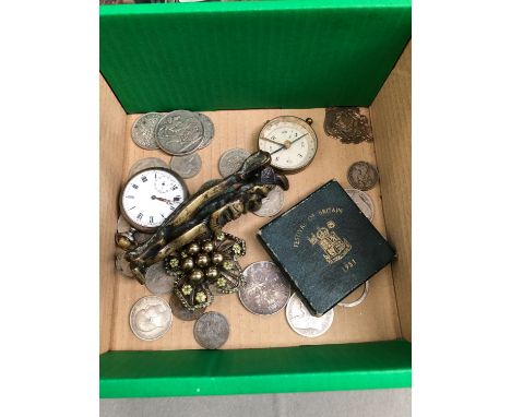 TWO VICTORIAN SILVER CROWNS 1892 AND 1889, OTHER VICTORIAN AND LATER COINS, A SILVER CASED POCKET WATCH, VINTAGE COMPASS, A F