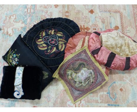 FIVE VARIOUS CUSHIONS, A BEAD WORK HORSE CUSHION COVER, TWO PYJAMA CASES, PILLOW CASES AND TABLE LINEN, SOME EMBROIDERED