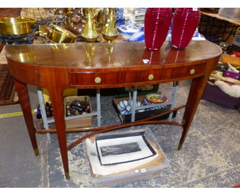 A ROSE WOOD DEMILUNE CONSOLE TABLE, THE RADIATING VENEERS OF THE TOP ABOVE THREE DRAWERS, THE TAPERING SQUARE LEGS ENDING IN 