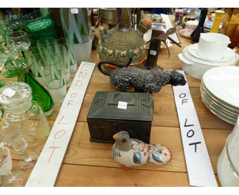 AN IRON DRAGONFLY ORNAMENT, A TRINKET BOX WITH EGYPTIAN STYLE DECORATION ETC. 