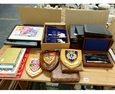 A BOXED DRAUGHTMANS SET, A CASED VINTAGE NAIL SET, CASED CUTLERY, SERVERS AND COFFEE SPOONS, A SET OF HALLMARKED SILVER COFFE