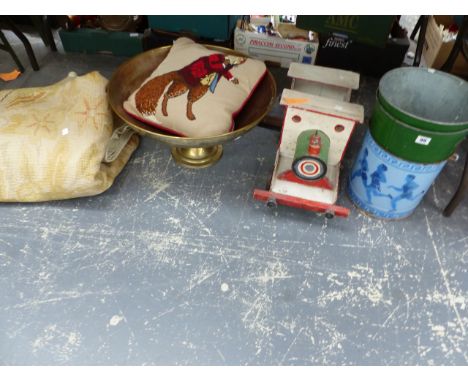 A LARGE BRASS FOOTED BOWL, A SCRATCH BUILT WOODEN TRAIN, A FOX EMBROIDERED CUSHION, A LARGE RUG, AND THREE GALVANIZED BUCKETS