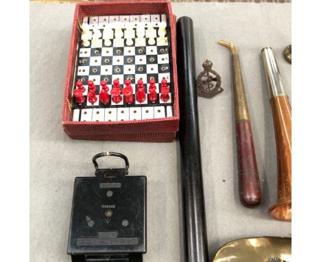 A HUNTING HORN, A GILDERS TOOL, TOBACCO BOX, A MILITARY COMPASS, ETC