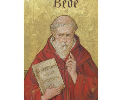19th C. ENGLISH SCHOOL PORTRAIT OF THE VENERABLE BEDE OIL ON PANEL 66 x 25 cms