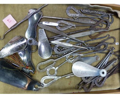 TWENTY THREE STEEL BUTTON HOOKS WITH INSCRIBED LOOP HANDLES, SEVEN OTHERS INSCRIBED, SIX STEEL BUTTON HOOKS AND SIX INSCRIBED