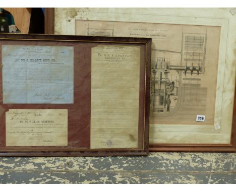 A VICTORIAN PRINT OF A CUT AWAY SECTION OF A STEAMSHIP ENGINE 35 x 50cm AND THREE PIECES OF EPHEMERA FRAMED AS ONE