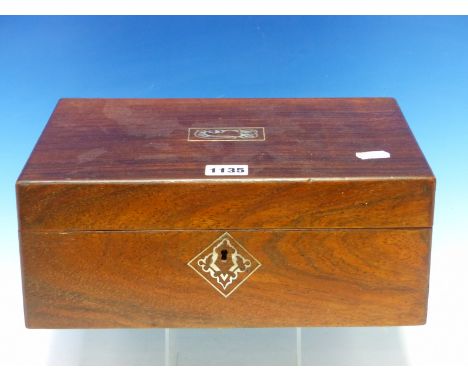A VICTORIAN ROSEWOOD WORK BOX, THE BLUE INTERIOR TRAY FITTED WITH SIX MOTHER OF PEARL SPOOLS, A TARTAN WARE TAPE MEASURE, ETC