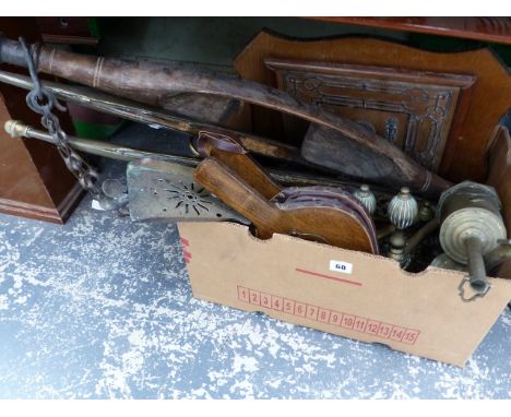 A VINTAGE SHOULDER YOKE, BELLOWS, BRASS WARES ETC.