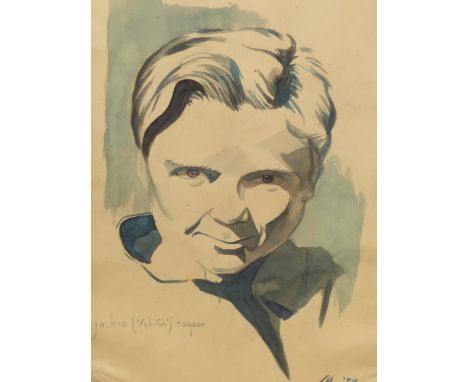 H.J GIBBS (EARLY 20th C. ENGLISH SCHOOL) PORTRAIT OF JACKIE COOPER. SIGNED WATERCOLOUR 36 x 24cms, TOGETHER WITH A BATTLE SCE