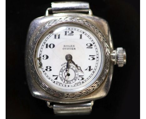   A late 1920's gentleman’s  silver cushion cased Rolex Oyster Ultra Prima manual wind wrist watch,on associated steel bracel