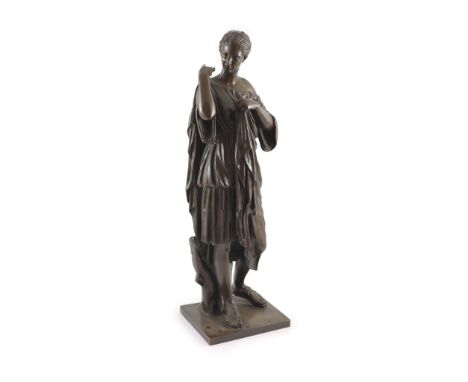   A large 19th century bronze figure of a classical maidenstanding, adjusting her toga, Reproduction Mecanique stamp to the s