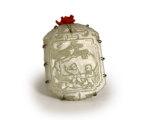   A Chinese pale celadon jade plaque, 19th century,carved in relief with a scholar and a boy in a garden, the reverse inscrib