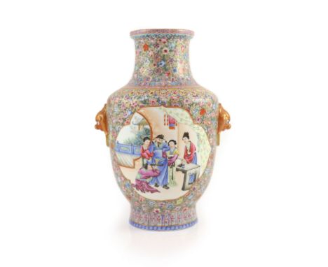   A Chinese famille rose millefleur vase, Qianlong mark but Republic period,painted with court scenes, against a millefleur g