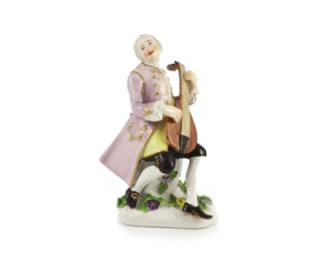   A Meissen figure of a lute player, c.1755on a flower encrusted base, underglaze blue crossed swords mark to rear of base,13