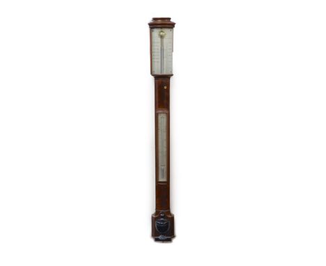   A George III mahogany bow front stick barometer, by D. Cohen &amp; Son, Newcastle upon Tynewith silver scale and thermomete