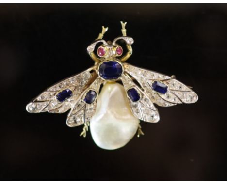   A Victorian gold, sapphire, rose diamond and freshwater pearl 'bee' brooch with ruby eyes,51mm, gross weight 15.3 grams.