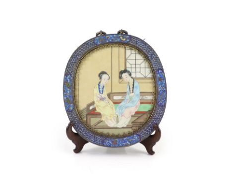   A Chinese white metal cloisonné enamel and gem set wall mirror, mid 20th century,decorated with stylised dragons and waves 