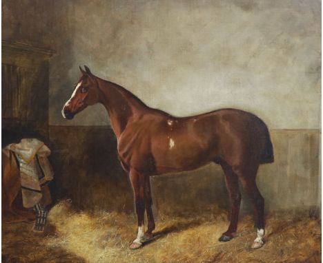   19th century English SchoolPortrait of a chestnut horse in a stableOil on canvasIndistinctly signed and dated 186962 x 74cm