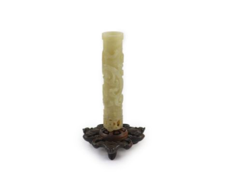   A Chinese celadon jade 'phoenix' cylindrical incense holder, 18th/19th century,16.7cm high, adapted wood stand 