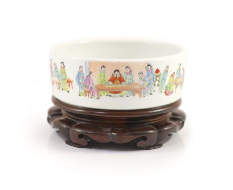   A Chinese famille rose cylindrical bowl, Yongzheng mark but Republic period,finely painted with scholars performing music a