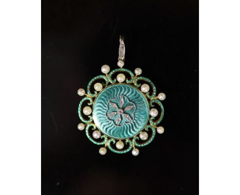   A Belle Epoque gold, green enamel, seed pearl and rose cut diamond set circular pendant,with glazed back, overall 42mm, gro
