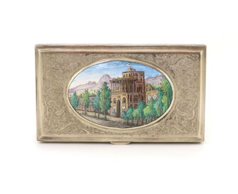   An early 20th century Persian rectangular silver boxhaving foliate decoration to the top and sides and inset domed oval ena
