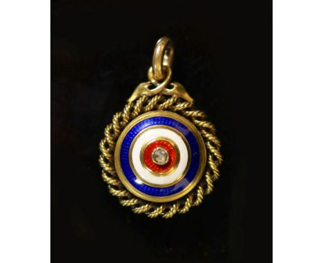   A Victorian gold, three colour enamel and rose cut diamond set circular target pendant,with rope twist border and glazed ba