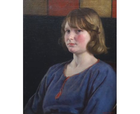  § Harold Knight (1874-1961)Portrait of a young woman in a blue dressOil on canvasSigned60 x 50cm. 