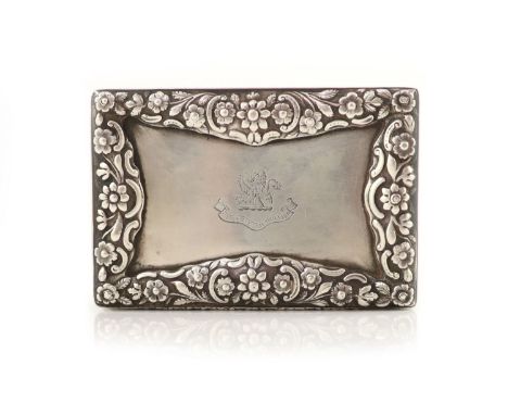   An early Victorian silver table snuff box, by Nathaniel Mills,of rectangular bombe shape with foliate decorated border and 