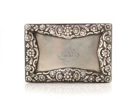   An early Victorian silver table snuff box, by Nathaniel Mills,of rectangular bombe shape with foliate decorated border and 