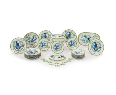   A Hermes, Paris ‘ Toucans’ part dinner serviceincluding ten menu holders, ten side plates, eleven dinner plates, 27cm, a tu
