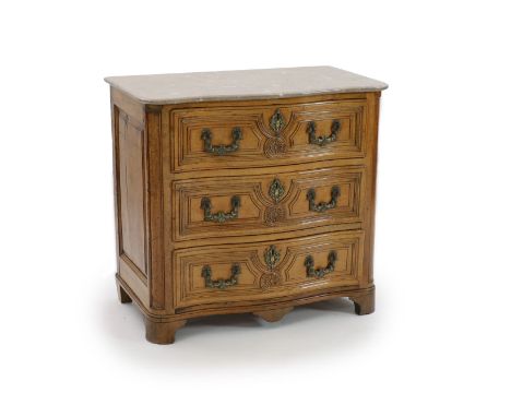   A Louis XVI walnut serpentine commode,with later marble top and three long drawers, on bracket feet,W.91cm D.53cm H.86cm 