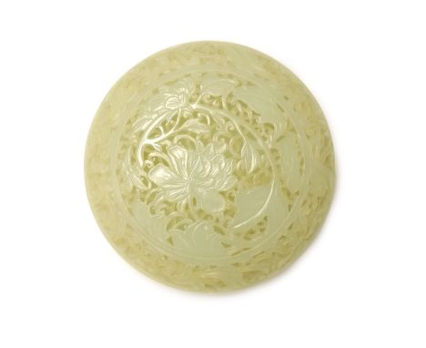   A fine Chinese pale celadon jade reticulated box and cover, 18th century,finely carved and pierced with mallow flowers and 