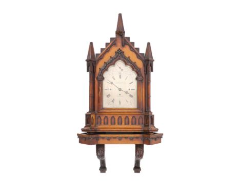   A Victorian golden oak Gothic design chiming bracket clock by Gillett &amp; Bland, Steam Clock Factory, CroydenWith castell