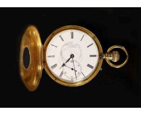   An Edwardian  engine turned 18ct gold J.W. Benson, 'The Field Watch', keyless lever half hunter pocket watch,with Roman dia