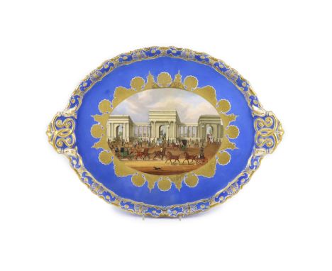   A large Chamberlains Worcester porcelain tray, c.1835,finely painted with a titled view ‘Hyde Park Corner’, depicting Decim