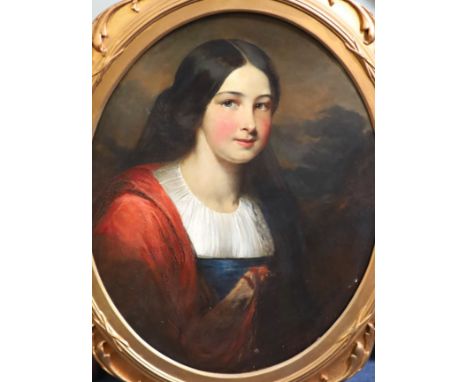  William Crawford (1825-1869)Portrait of Miss MucklawOil on wooden panelSigned and dated 1857, Artist’s label verso43 x 35cm
