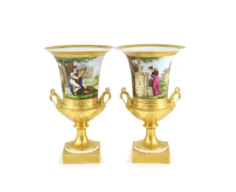   A pair of large Paris porcelain vases, early 19th century,painted with a gentleman playing a lyre and a lady visiting a mon