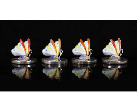   A cased set of four George V novelty silver and enamel oval menu holders, modelled as butterflies, Levy &amp; Salaman,Birmi