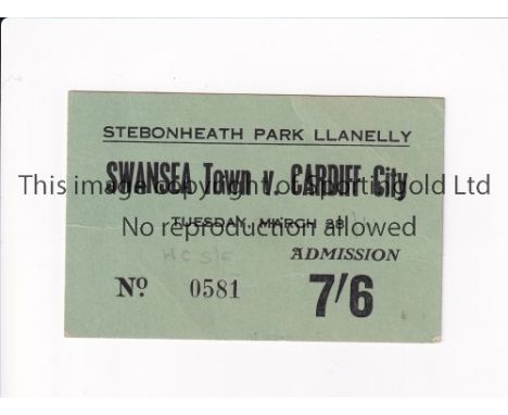 1961 WELSH CUP SEMI-FINAL AT LLANELLY       Ticket for Swansea Town v Cardiff City 28/3/1961.      Good