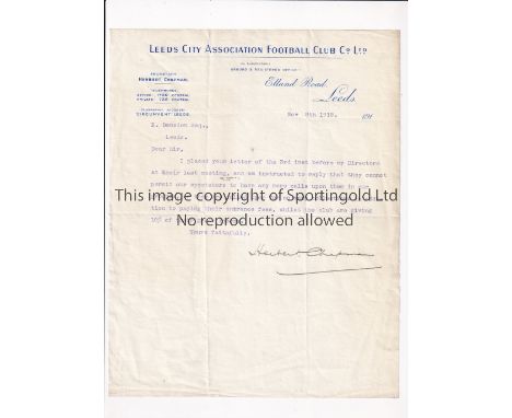 HERBERT CHAPMAN SIGNED LETTER       Official Leeds City letterhead hand signed by Secretary-Manager Herbert Chapman 9/11/1915