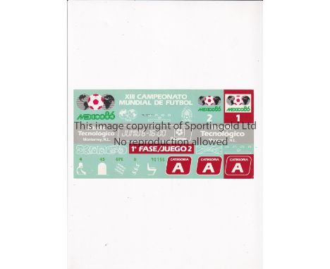 1986 WORLD CUP       Unused ticket for England v Morocco 6/6/1986 at the Technological Stadium. Staple holes on the left.   G